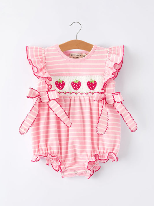 Strawberry Embroidery Pink Stripe Girl Smocked Romper