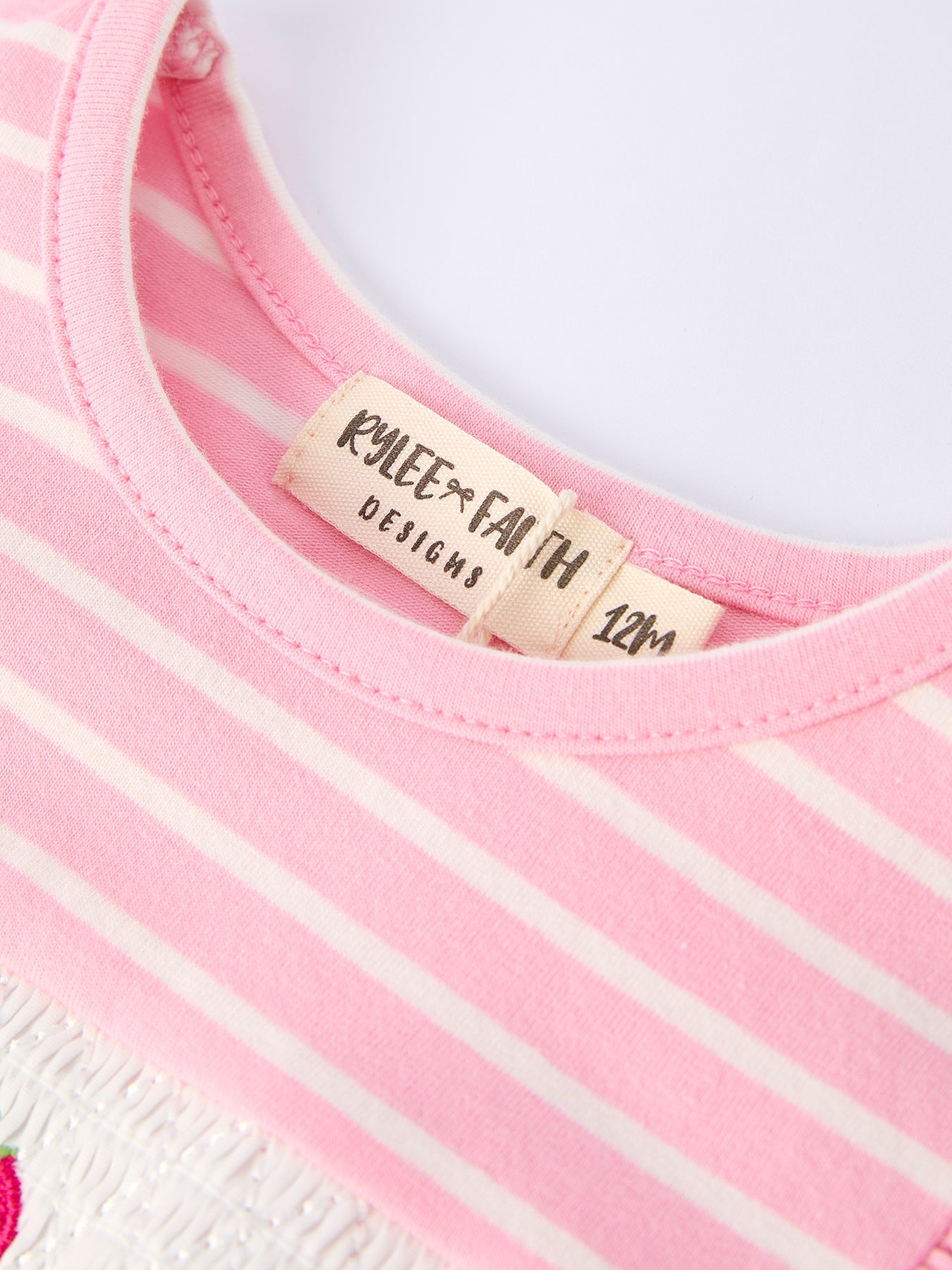 Strawberry Embroidery Pink Stripe Girl Smocked Romper