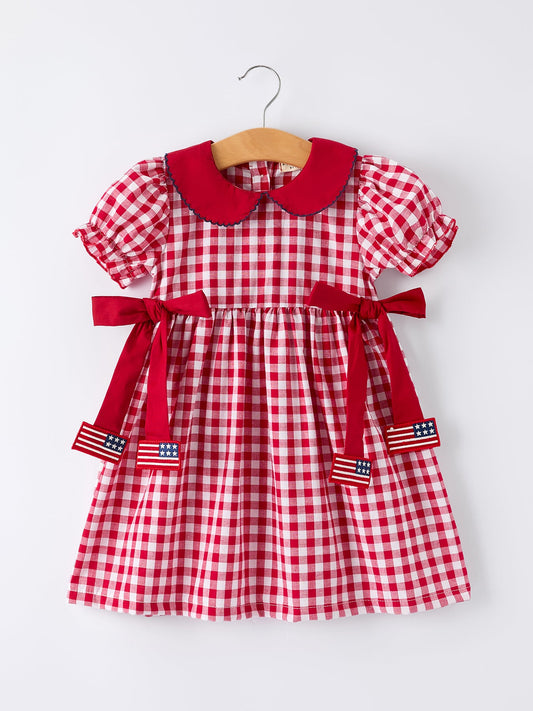 4th of July Flag Plaid Girl Peter Pan Collar Dress Bow