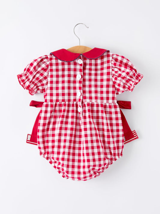 4th of July Flag Plaid Girl Peter Pan Collar Romper Bow