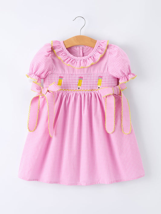 Back To School Plaid Girls Dress Smocked Puff Sleeve Bow