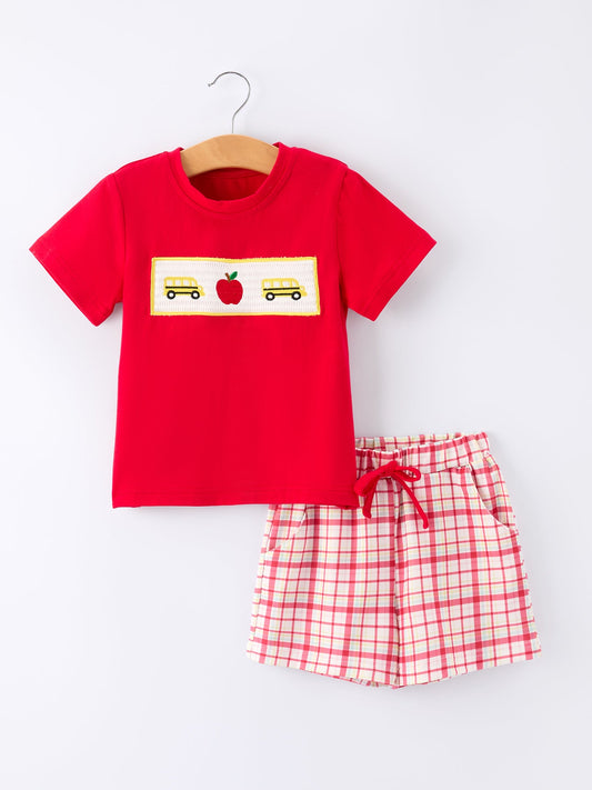 Back To School School Bus Boys Set Red Plaid Shorts