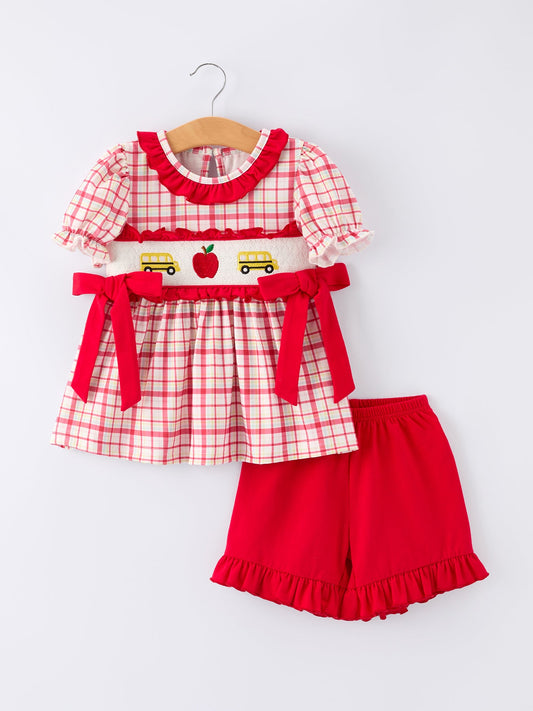 Back To School School Bus Embroidery Plaid Girls Set Ruffle Bow
