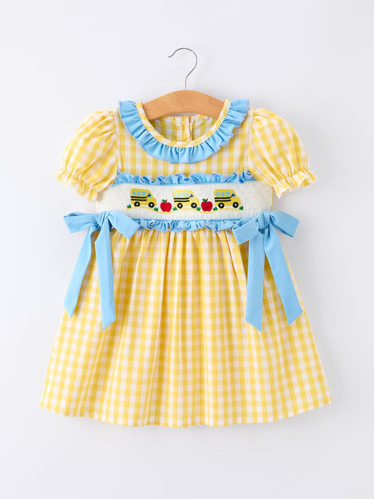 Back To School School Bus Plaid Girls Dress Ruffle Collar Bow