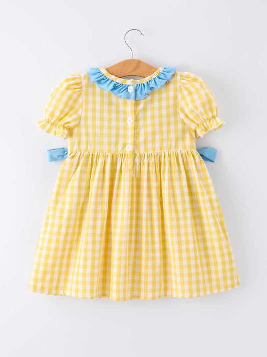 Back To School School Bus Plaid Girls Dress Ruffle Collar Bow