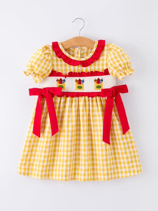 Back To School Supply Plaid Girls Dress Ruffle Collar Bow