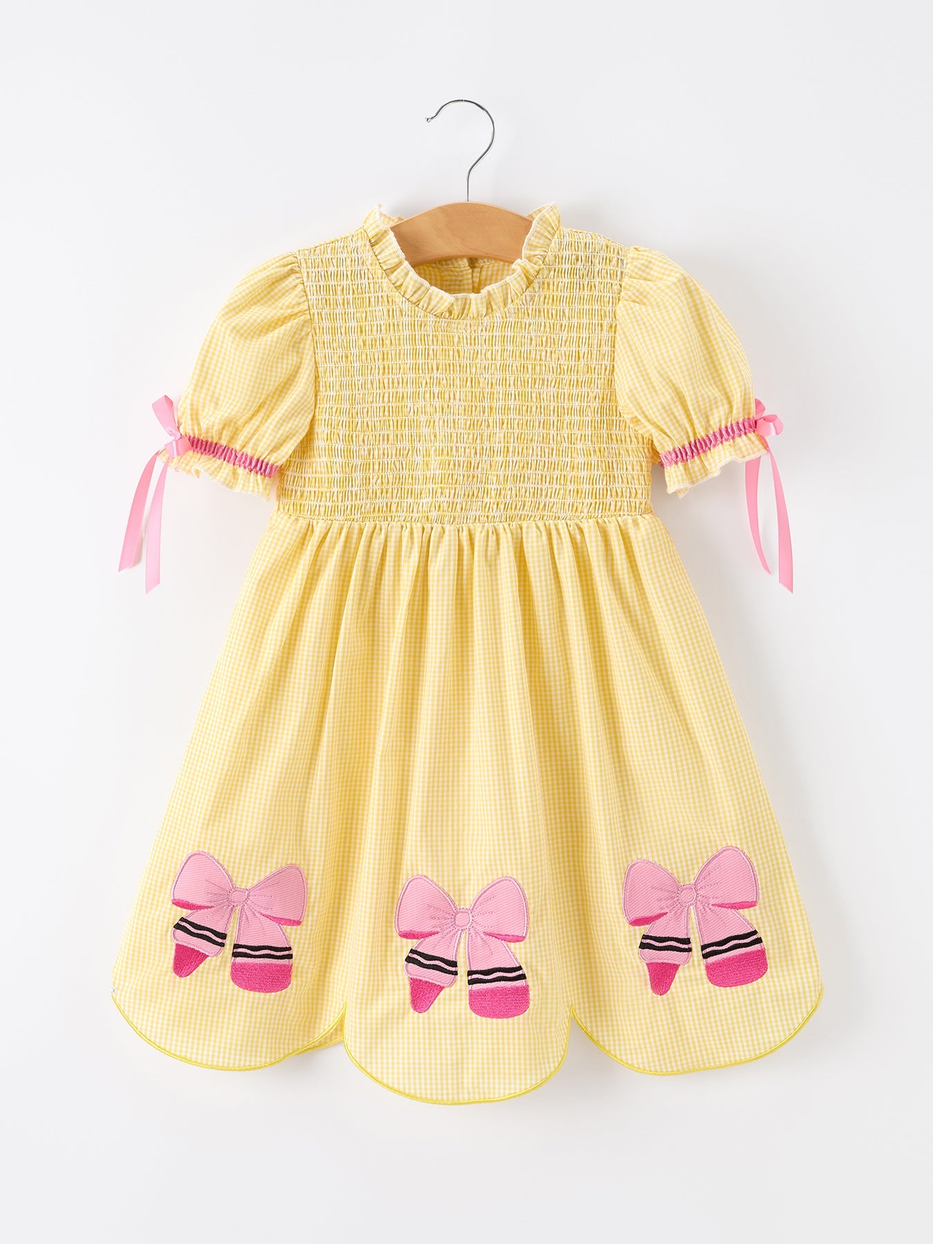 Girls Back To School Pencil Twirl Yellow Dress Bow Applique Smocked