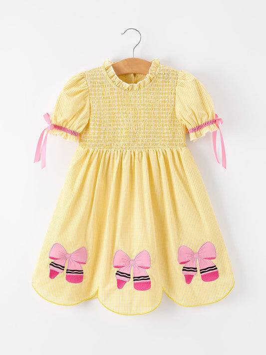 Girls Back To School Pencil Twirl Yellow Dress Bow Applique Smocked