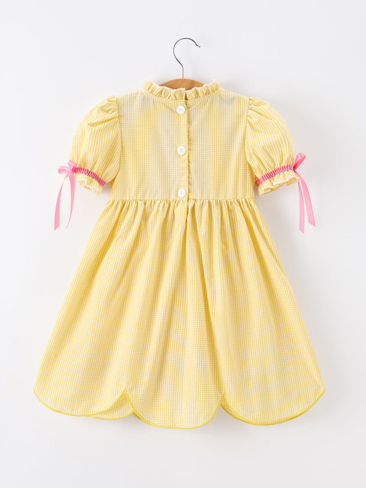 Girls Back To School Pencil Twirl Yellow Dress Bow Applique Smocked
