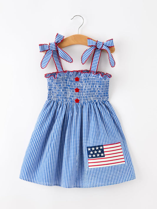 Girls 4th of July Plaid Twirl Dress Bow Smocked