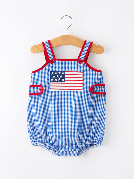 4th of July Flag Chenille Baby Girl Romper Plaid