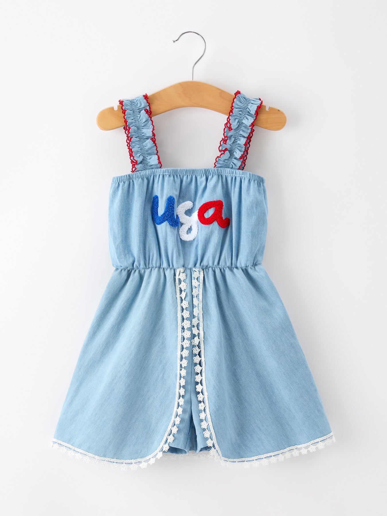 4th of July USA Chenille Girls Romper Dress Denim Lace Trim