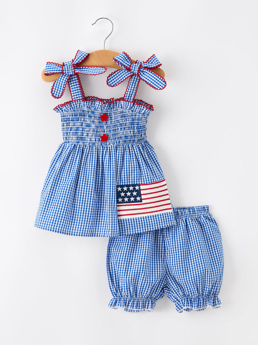 4th of July Plaid Girls Set Flag Star Bow Top Shorts Outfit
