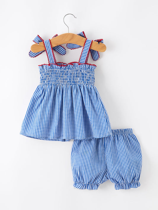 4th of July Plaid Girls Set Flag Star Bow Top Shorts Outfit