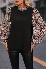 Load image into Gallery viewer, Black Contrast Leopard Print Lantern Sleeve Blouse
