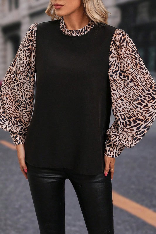 Black Contrast Leopard Print Lantern Sleeve Blouse