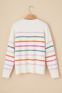 White Colorful Striped Ribbed Trim Sweater