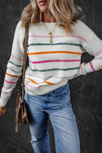 Load image into Gallery viewer, White Colorful Striped Ribbed Trim Sweater
