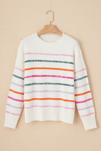 Load image into Gallery viewer, White Colorful Striped Ribbed Trim Sweater
