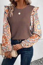 Load image into Gallery viewer, Floral Sleeve Patchwork Waffle Knit O Neck Blouse
