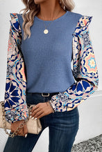 Load image into Gallery viewer, Floral Sleeve Patchwork Waffle Knit O Neck Blouse
