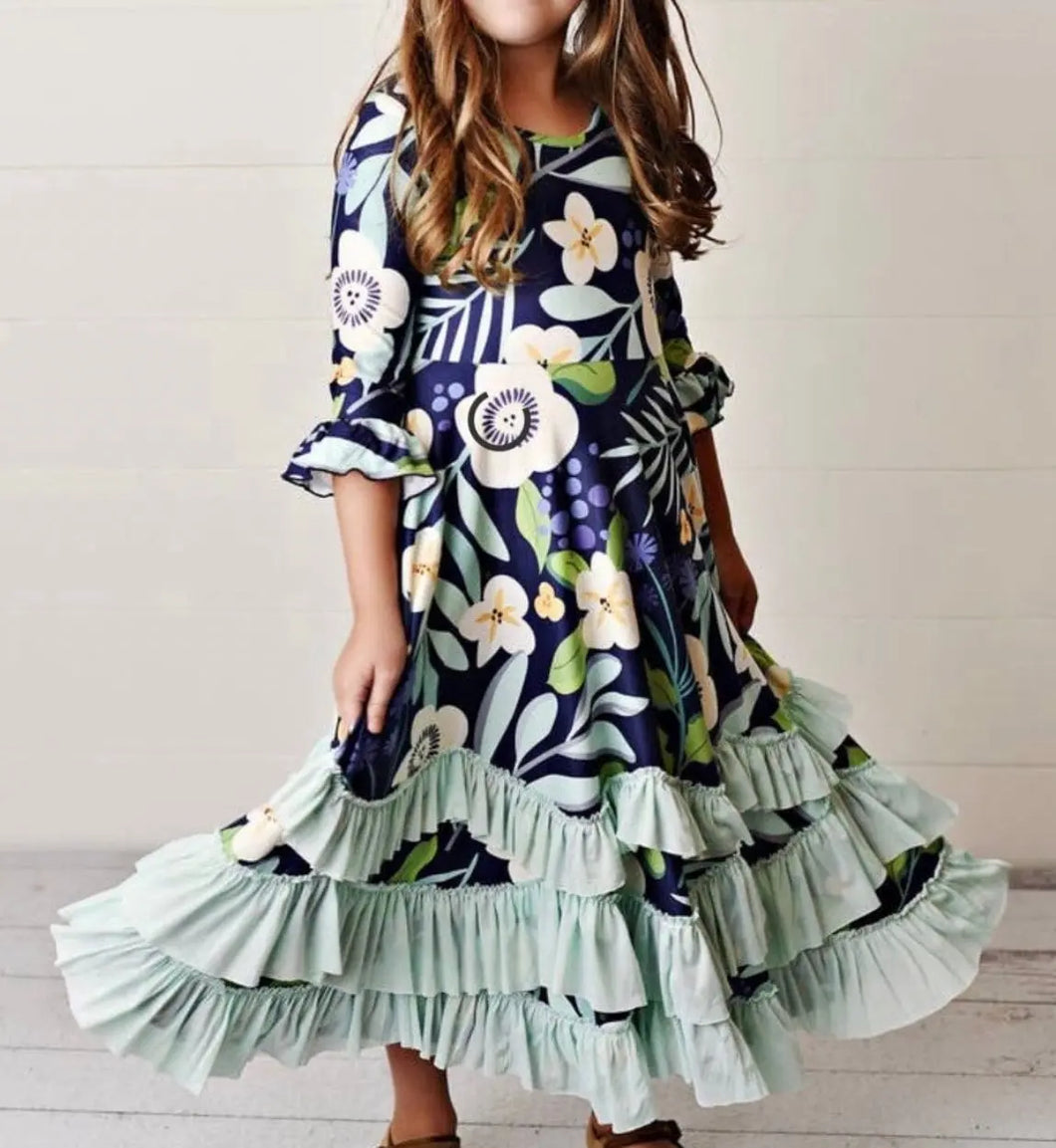 Dark Teal & Navy Floral Print Long Sleeve Twirl Dress with Ruffle Dress - Image #1