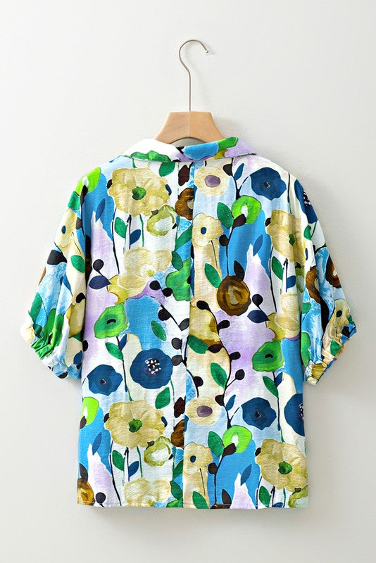 Floral Boho Shirred Bubble Viscose Stripe Blouse - Abbies Place