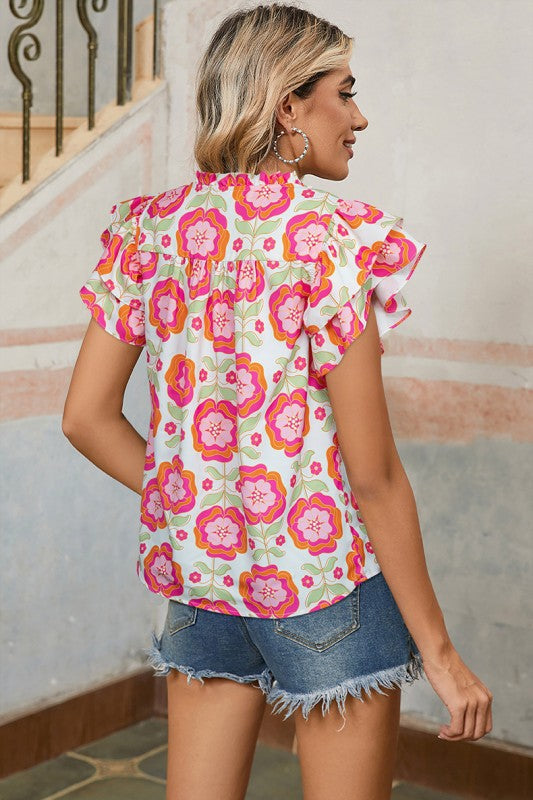 Floral Sleeve Ric-rac Trim Split Neck Loose Blouse - Abbies Place