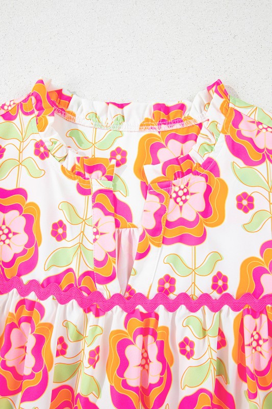 Floral Sleeve Ric-rac Trim Split Neck Loose Blouse - Abbies Place