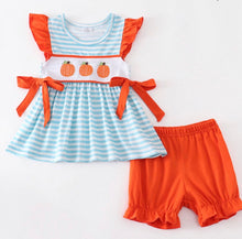 Load image into Gallery viewer, Blue striped embroidered pumpkin girl set
