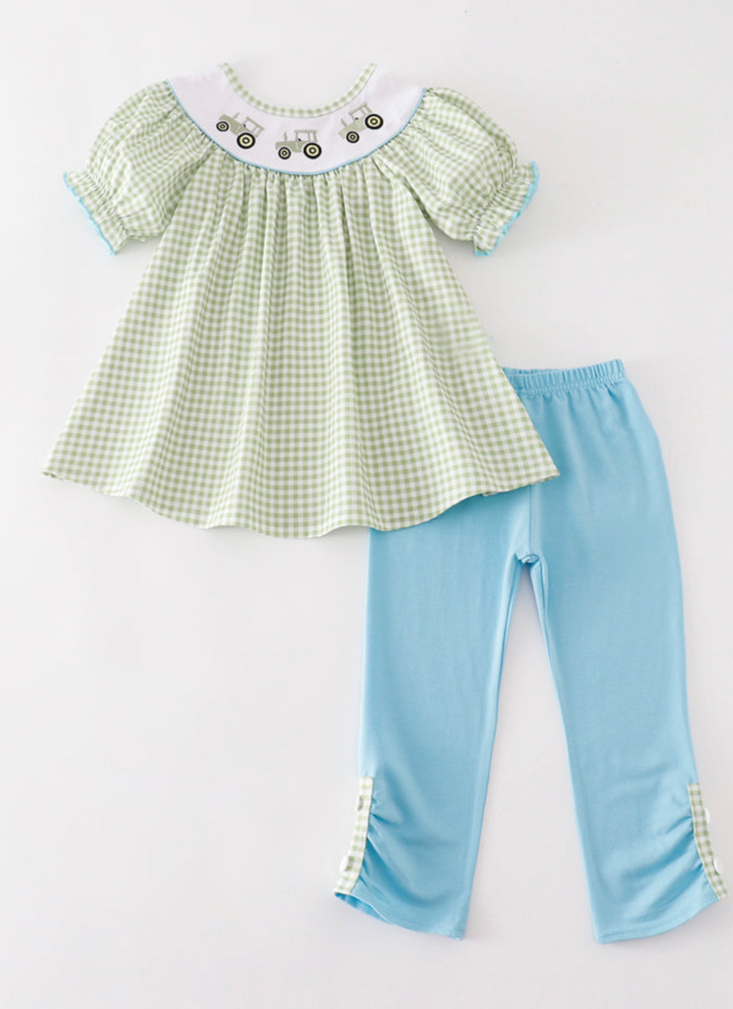 Green tractor embroidery gingham girl set