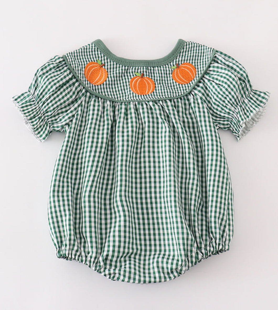 Green gingham pumpkin embroidery girl bubble