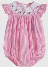 Load image into Gallery viewer, Pink Striped Flamingo Smocked Flutter Baby Romper - Image #1
