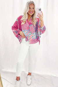 Rose Red Floral Allover Print Buttoned V Neck Oversized Shirt - Image #3