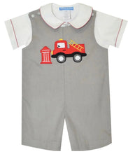 Load image into Gallery viewer, Firetruck Applique Gray Corduroy Boys Shortall And Shirt - Image #1
