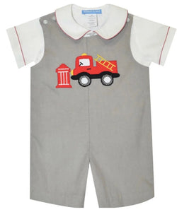 Firetruck Applique Gray Corduroy Boys Shortall And Shirt - Image #1