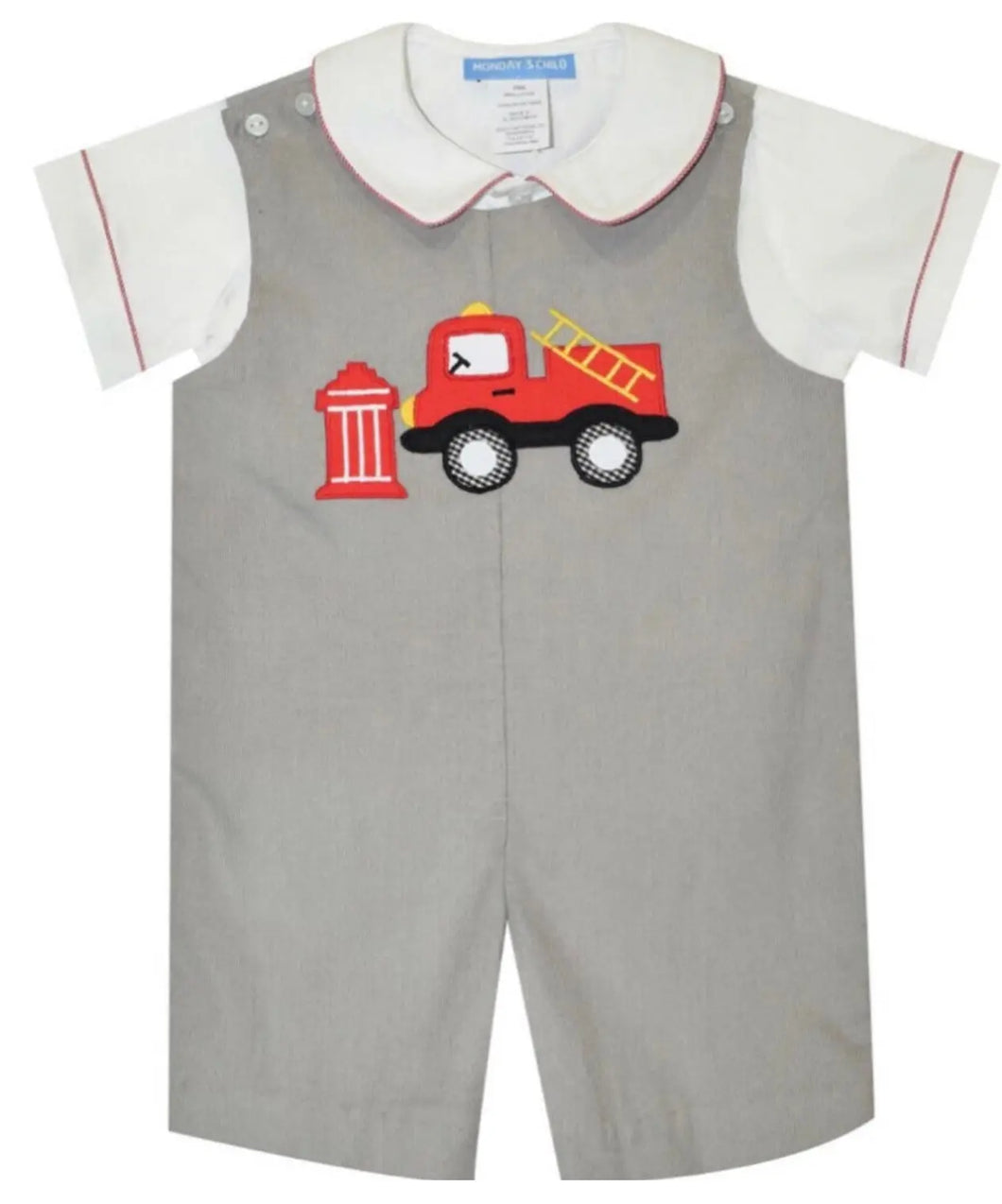 Firetruck Applique Gray Corduroy Boys Shortall And Shirt - Image #1