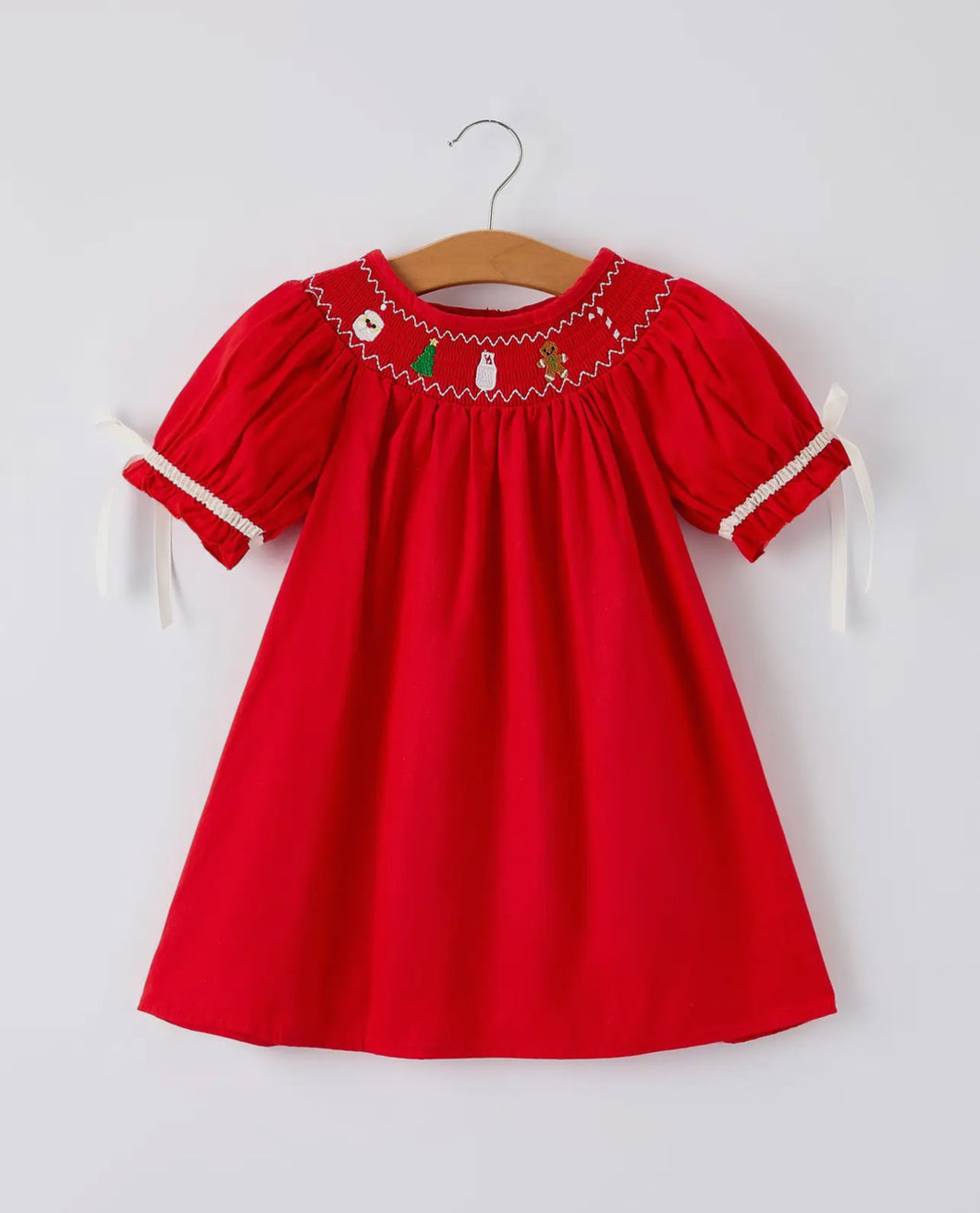 Christmas Gingerbread Embroidery Red Baby Dress with Bow-Ships 10/15