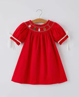 Christmas Gingerbread Embroidery Red Baby Dress with Bow-Ships 10/15
