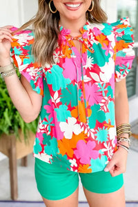 Women  Floral Tie Split Neck Ruffle Trim Blouse - Image #6