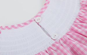 Preorder by 9/30-Pink Gingham Daisy and Hearts Smocked Romper-Ships 12/28