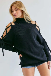 Solid Turtleneck Cutout Long Sleeve Sweater - Image #5