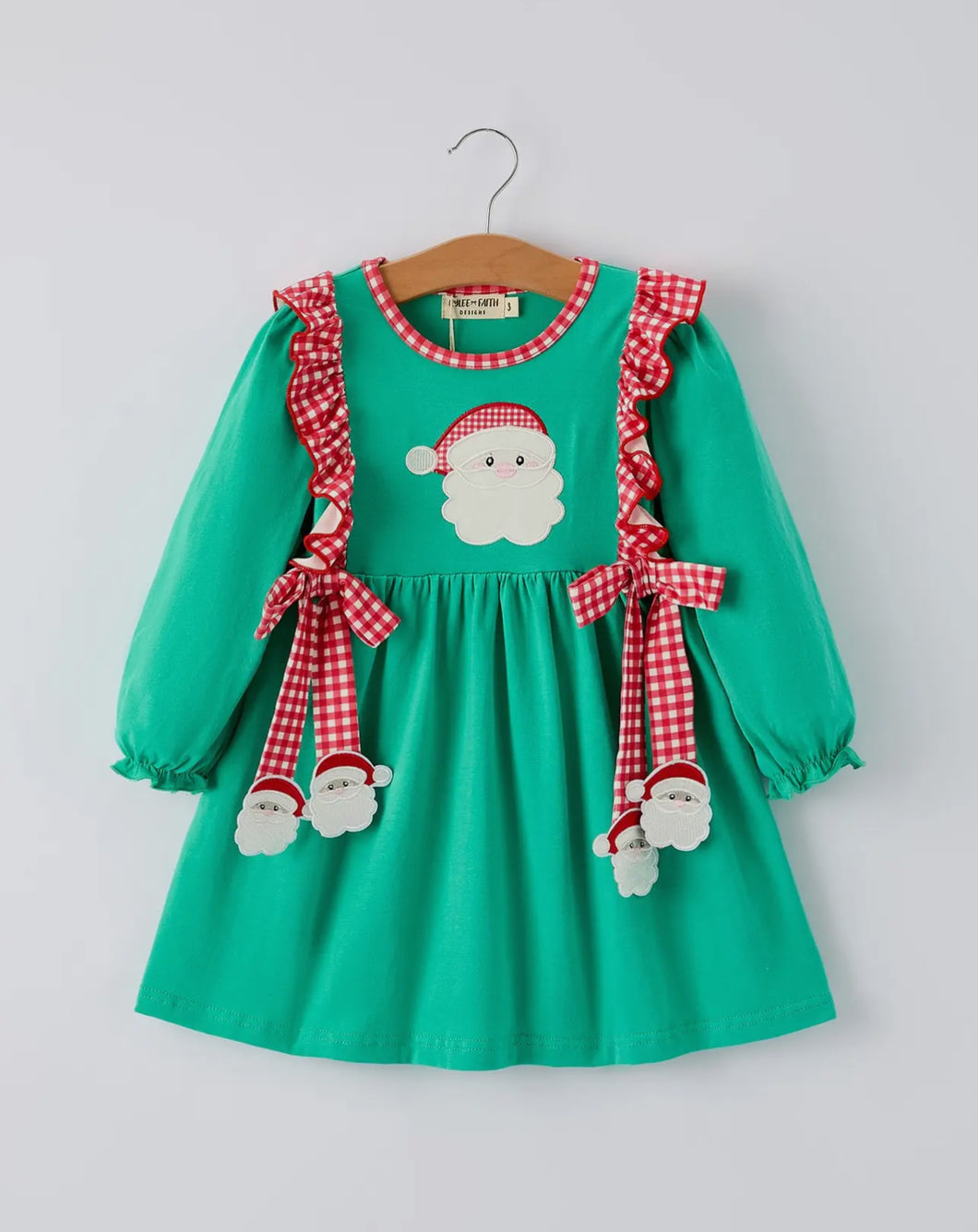 Christmas Cute Santa Applique Red Plaid Bow Girls Dress-Ships 10/20