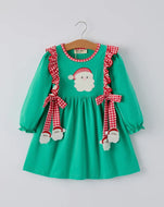 Christmas Cute Santa Applique Red Plaid Bow Girls Dress-Ships 10/20