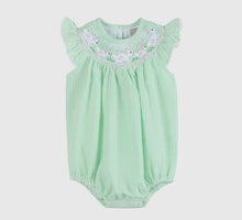 Load image into Gallery viewer, Green Seersucker Easter Bunny Smocked Flutter Romper
