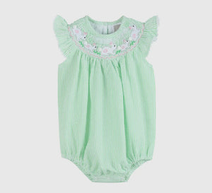 Green Seersucker Easter Bunny Smocked Flutter Romper