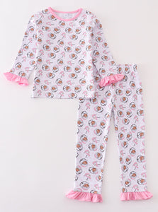 Premium pink christmas santa claus print girl pajama set