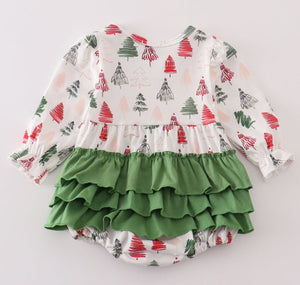 Green christmas tree print girl ruffle bubble