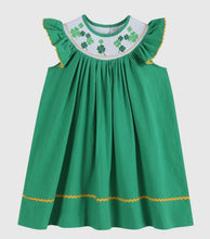 Load image into Gallery viewer, St. Patrick&#39;s Day Clover Leaf Smocked Bishop Dress
