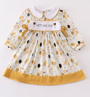 Mustard happy new year embroidery girl dress